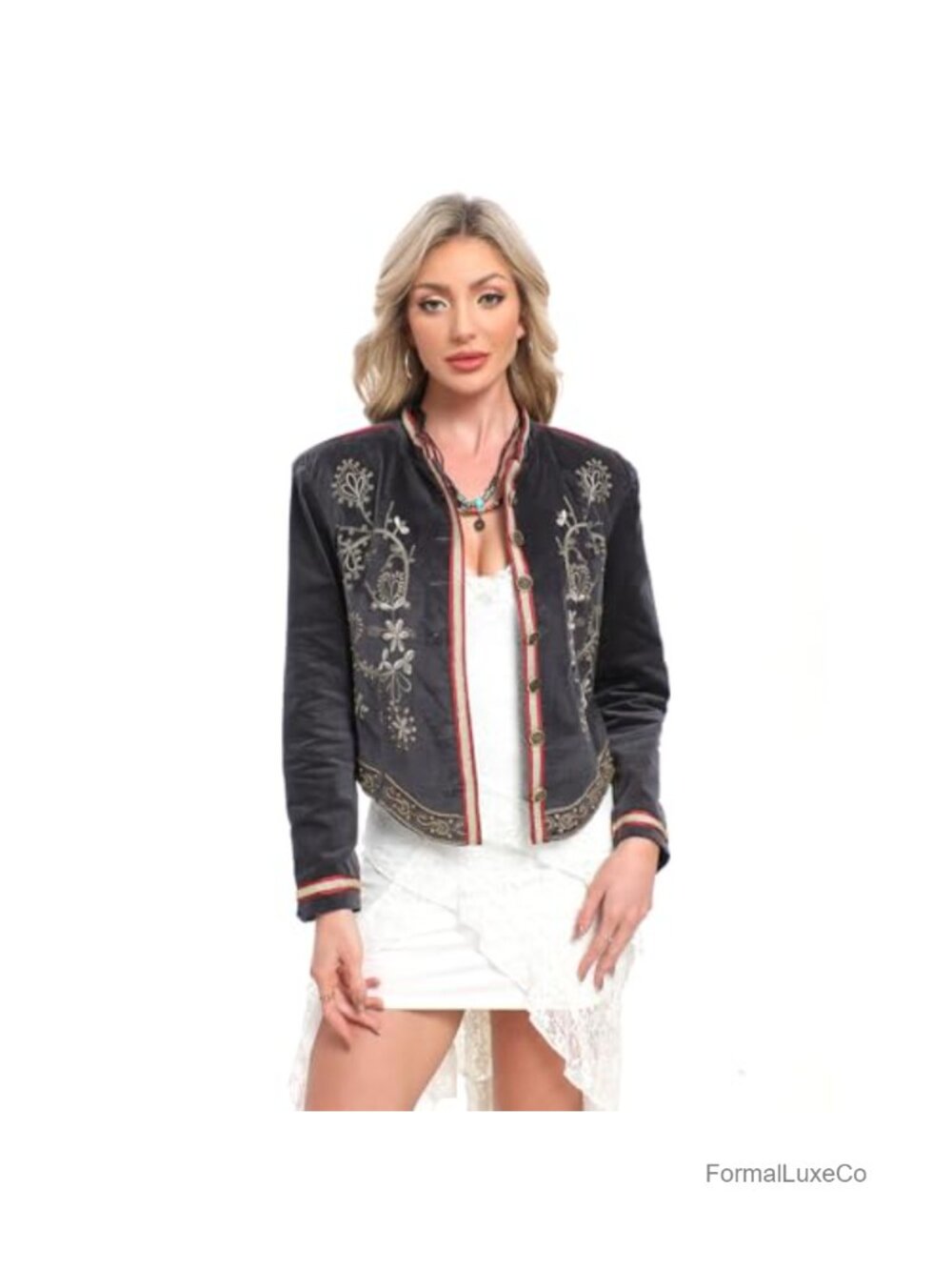 Velvet Embroidered Cropped Party Coat